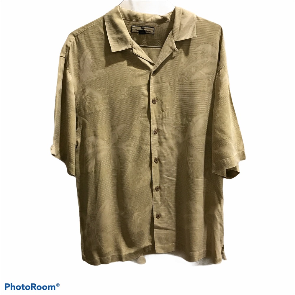 Tommy Bahama Shirt Large Beige Excellent Silk Palm Jacquard Camp Button Down